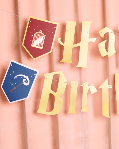 xo, Fetti Wizard Happy Birthday Banner - Gold Foil, 6.5 Ft. | Bday Garland, Kids Party Decoration, Magic Theme Sign, Photoshoot Backdrop