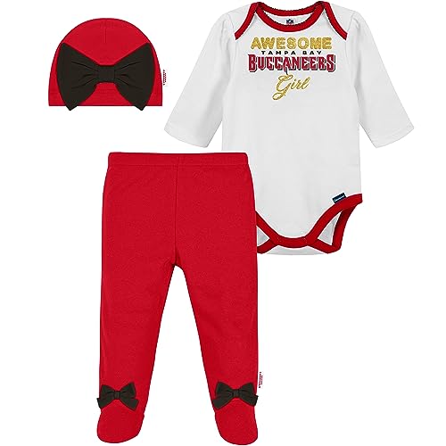 Image of Gerber NFL baby girls 3 Pack Bodysuit Registry Gift Set Footed Pant and Cap