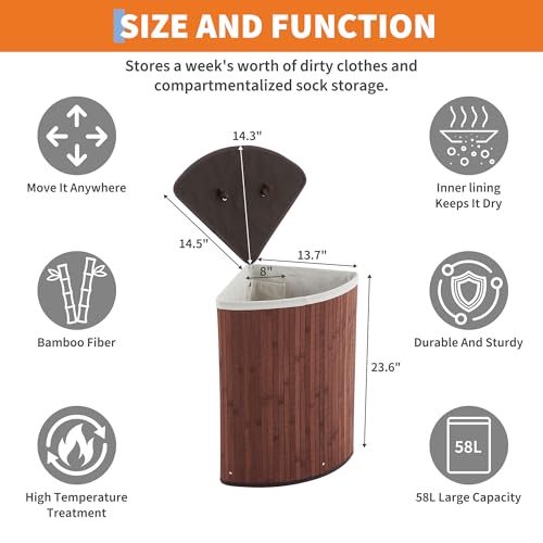 Corner Bamboo Laundry Hamper with Lid – 15.3 Gal / 58 L Large Capacity Laundry Basket, Removable Machine Washable Liner, Sturdy Handles, for Bedroom, Bathroom, Laundry Room, Natural by IDEALHOUSE - Image 2