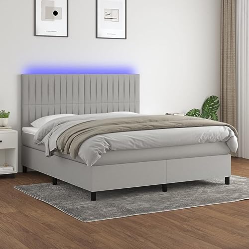 GeenYuu Sommier tapissier Gris Clair 180x200 cm avec Matelas Ressorts ensachés, tête de lit réglable, Bande LED intégrée, Cadre Bois mélèze, idéal Chambre Adulte Enfant, Confort et éclairage
