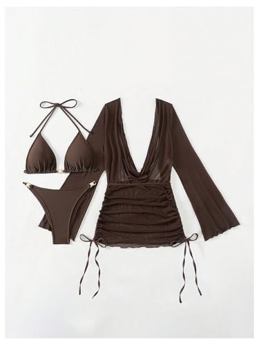 WDIRARA Women's 3 Piece Bikini Set High Cut Halter Swimsuit with Long Sleeve Drawstring Cover Ups4