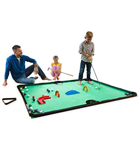HearthSong Golf Pool Indoor Family Game Set, Includes Two Golf Clubs, 16 Balls, Green Mat, Rails, Plus Wooden Arches and Ramps, Mat Measures 78" L x 57" W
