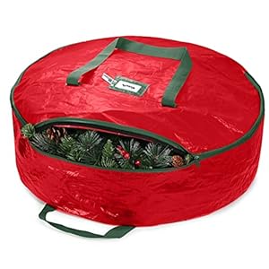 Zober Christmas Wreath Storage Container – 24 Inch Wreath Bag For Artificial Wreaths – Dual Zippered Wreath Storage W/Strong, Durable Handles – Red