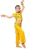 Bollywood indian kid girl bharatanatyam belly dance purple/yellow 2-piece children fancy costume (Yellow, US Children 9-12)