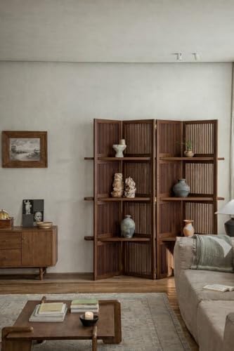 Image of Wooden Partition Divider for Living Room, Partition Wall, Privacy Divider, Freestanding Folding Panels for (6 Feet 4 Panel with 3 Shelve) (6 Feet 4 Panel Melamine Brown)