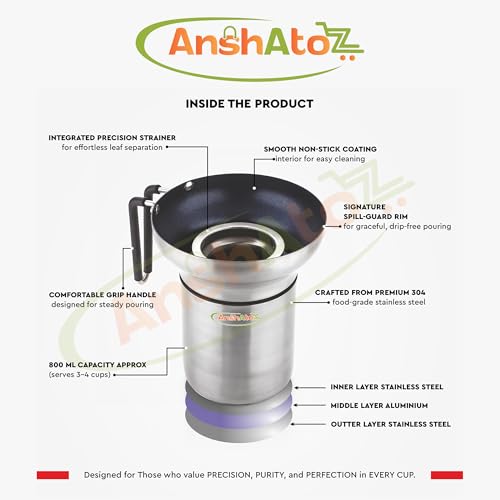 Image of Teasy Anti Overflow Stainless Steel Tea Pot Smart No-Spill Chai Maker with 800ml Capacity Stop Tea&Milk Spillage on Gas Stove Premium Non-Stick Coated Tea Kettle