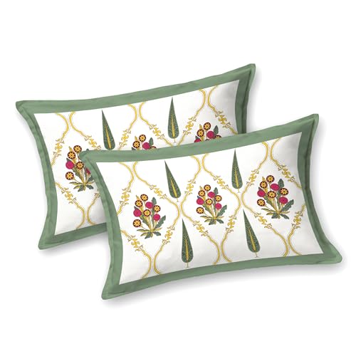 Image of BLOCKS OF INDIA Hand Block Printed 200 TC Cotton King Size Bedsheet | Green Patti