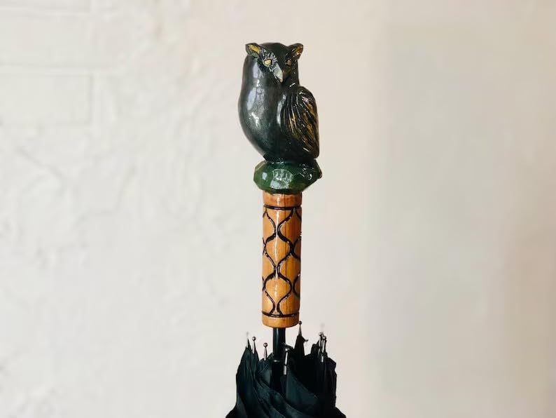Hand Carved Owl Umbrella: Custom Walking Stick for Men or Woman