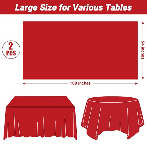 Image of QZYL 2 Pack Picnic Table Cover, 108 x 54 Inches Red Plastic Table Cloths, Red Disposable Tablecloth Rectangle Tablecover, Waterproof Decorations Party Supplies for Wedding Anniversary Home