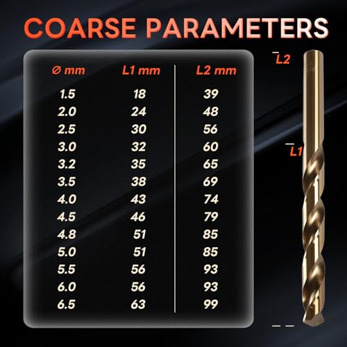 Image of COMOWARE Metal Drill Bit Set, 13-Piece HSS-E M35 Drill Bit Set Cobalt, 1.5-6.5 mm Drill Bit Set Spiral Drill Bit Professional for Metal, Steel, Iron Self-Centring for Metalworking Drill Accessories