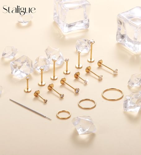 Staligue 20G Threadless Nose Studs,316L Surgical Steel Push in Nose Rings Studs CZ Tragus Conch Helix piercing jewelry Flat Back Earrings Lip Labret Gold Nose Studs Monroe Medusa Piercing Jewelry by Staligue - Used condition - Image 8