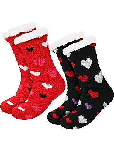 2 Pairs Women's Warm Slipper Socks Christmas Fuzzy Socks Fleece-lined Non Slip Slipper Socks (Black and Red)