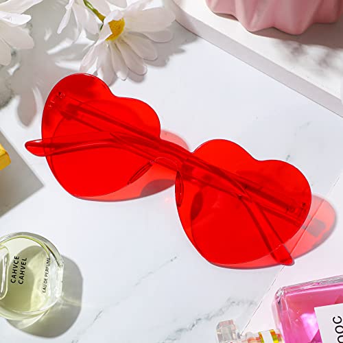 TOODOO 10 Pairs Heart Shaped Sunglasses Rainbow Candy Color Rimless Glasses for Women Party Favor(Red)