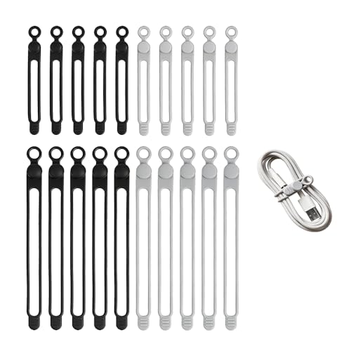 YUYUDEHM 20Pcs Silicone Elastic Cord Organizer, 4.2Inch&7Inch, Black, Gray | Reusable Cable Management Organizer for Bundling Earphone Phone Charger Wires, Fastening Home Office Kitchen Appliances Cords