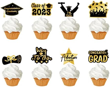 Mocossmy Graduation Cupcake Toppers 2023, 72PCS Black and Gold Class of 2023 Glitter Graduation Cake Toppers Appetizer Dessert Picks Graduation Table Decoration for Graduation Party Supplies (Black)
