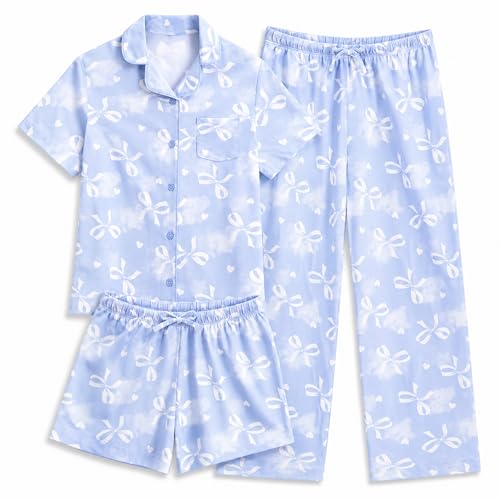 Image of US Angels Girls Pajama Set 3 Piece, Short Sleeve Button Down PJs with Shorts & Pants, Soft Sleepwear Girls & Tweens Size 5-16