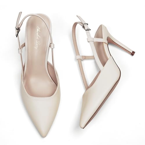 Image of Elisabet Tang Women's Kitten Heel Slingback Low Pumps 3 Inches Stiletto Pointed Closed Toe Elegant Dressy Bridal Wedding Party Shoes