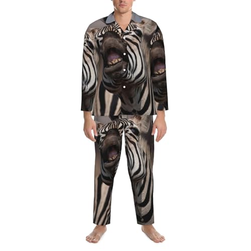 Portrait Of Zebra Smile And Teeth Mens Pajamas Set Button Down Sleepwear Set Long Sleeve Loungewear With Pockets
