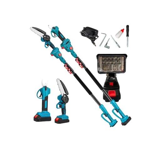 Kit Potatura Elettrico 3 in 1 con Asta Telescopica 2,5M, Forbici, Motosega 6” a Batteria, Faretto, 2 Batterie 48V, Attrezzi Giardinaggio, Cesoia, Troncarami, Per Rami, Alberi, Giardino, Vigneti, Orti