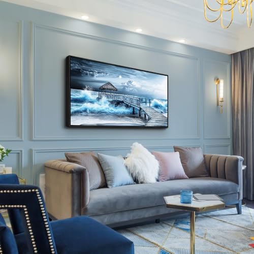 ERQINHUA Large Canvas Wall Decor For Living Room Wall Art For Bedroom Office Wall Decorations Black Frame Blue Wave Landscape Painting Artwork For Modern Stretched and Framed Beach Posters 24"X48"