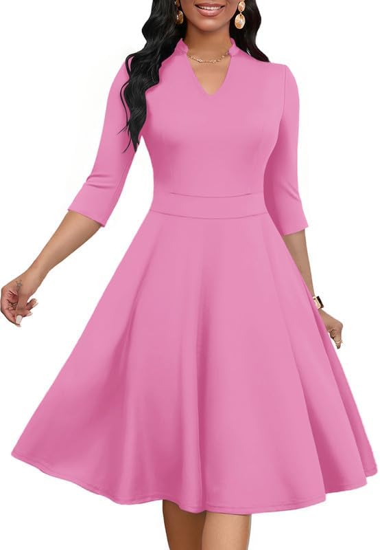 Church Dress for Women V Neck 3/4 Sleeve Midi Causal Cocktail Party A-Line Dresses with Pockets