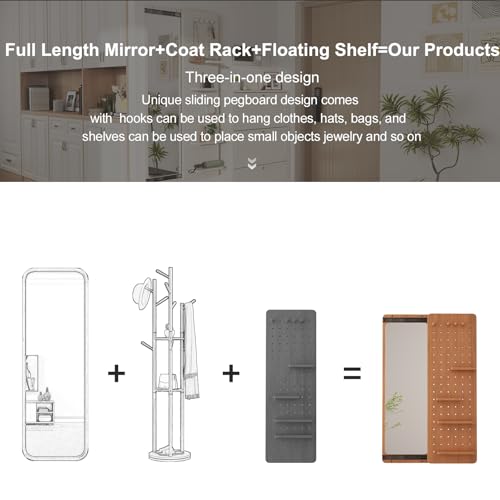 Image of KungFuWood Full Length Mirror with Shelf and Hooks,Entry Way Mirrors for Wall,Wall Mirror with Shelf,Wall Mirror with Storage Multifunctional Design Panel,Living Room (Cherry, 52.4 inch L x 19 inch W)