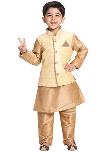 VASTRAMAY Nehru Modi - Conjunto de chaqueta de algodón y seda, oro rojo, 18-24 meses