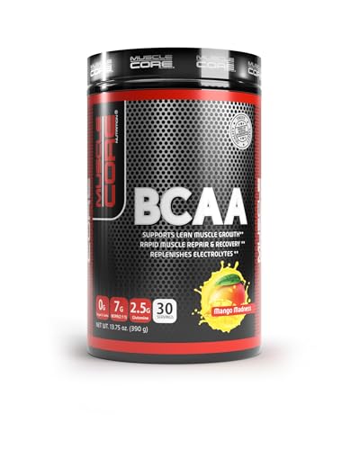 Muscle Core Nutrition BCAA 2:1:1 | Supports Muscle Recovery Endurance & Hydration | Mango Madness Flavour 7g BCAAs per Serving 30 Servings
