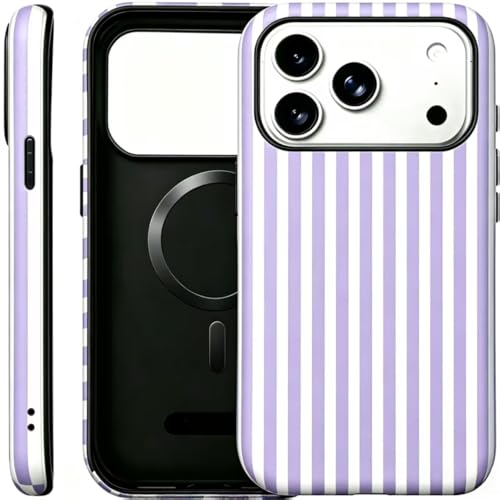 Image of for iPhone 17Pro Case Cute Phone Case,Compatible with MagSafe,Dual Layer Shockproof Protective Phone Cover,Hard Shell + Silicone Cover,Fashion Design for Women Girls,Striped Purple