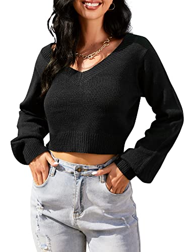 Image of ZAFUL Women's Cropped Sweater V-Neck Long Sleeve Pullover Jumper Knit Top | Crop Length, Ribbed Knit, Double V design, White sweater, Raglan sleeves, lantern sleeve, Fall & Winter, Loose fit, Oversized