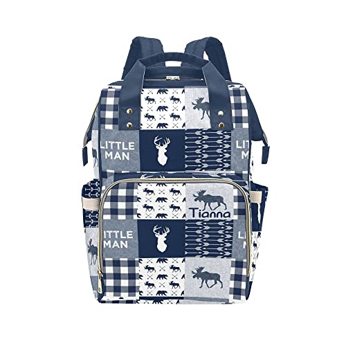 XOZOTY Antler Little Man Navy Plaid Diaper Bags with Name Waterproof Mummy Backpack Nappy Nursing Baby Bags Gifts Tote Bag for Women