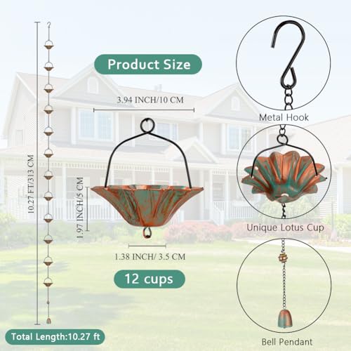 image for Qipade 10 FT Lotus Rain Chain, Rain Chains for Gutters with 12 Bronze 
