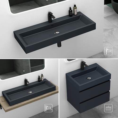 Mai & Mai Waschbecken Aufsatzwaschbecken Hängewaschbecken Breite: 76,5cm Waschschale Mineralguss in matt Anthrazit 1 Armaturenloch Bad Eckig Col06