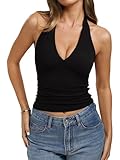 REORIA Womens Halter Tank Tops Double Lined Basic Cami Shirts Sexy Backless Y2K Trendy Going Out Top, Black X-Small