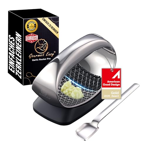 Knoblauchpresse Wippe | Pressen statt zerquetschen mit geringem Kraftaufwand | Knoblauchpresse Edelstahl mit scharfer Klinge | Robuste & Langlebige Garlic Press