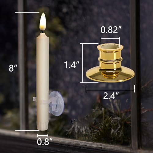 Image of NONNO & ZGF 6PACK Flameless 8'' Window Candles +12 AA Batteries(Include)+6 Suction Cup+6 Golden Candleholders. Battery Powered Ivory Taper Candles with Remote and Timer.Remote Included