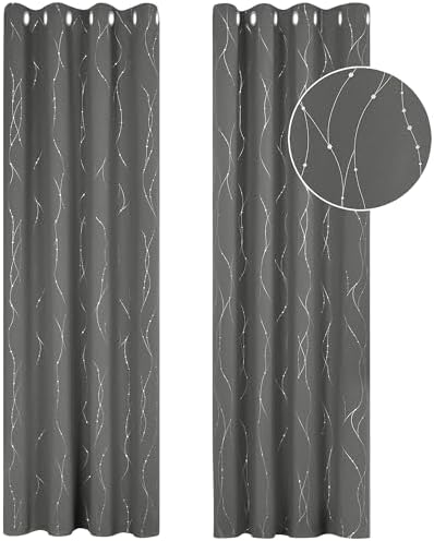 Deconovo 46 x 72 Inch Super Soft Dotted Line Foil Printed Thermal Insulated Blackout Curtains Window Treatment Eyelet Curtains for Children Grey Two Panels