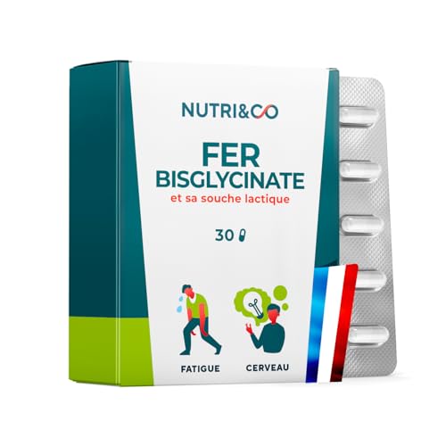 NUTRI & CO Fer Bisglycinate 14mg + Vitamine C + Probiotique - Haute Absorption - Complément Alimentaire Fer Breveté Anti-Fatigue - Sans Troubles Digestifs - 30 Gélules Vegan - Fabriqué en France