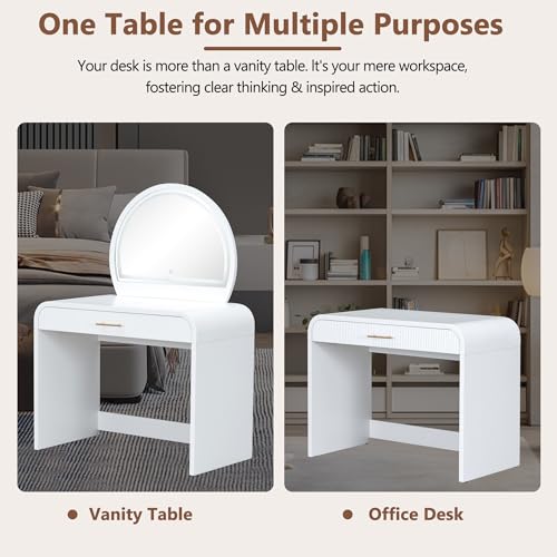 Image of JIVOIT 39 inch Vanity Table with Mirror, Makeup Vanity Table with Removable Mirror, Drawer, Curved Edges and Elegant Design, Modern Dressing Desk for Bedroom