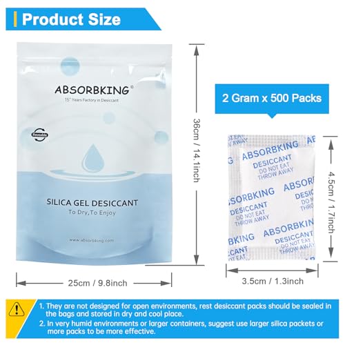 Absorbking ASK-500-2D Silica Gel Packets - 2 Gram 500 Packs Desiccant Packs For Storage, Food Grade Moisture Absorbers, Premium Silica Packets For Spices, Foods, Electronics, Shoes & Bags thumb #2