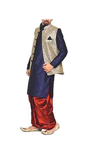 Image of Men Navy Blue Kurta Red Dhoti with Silk Grey Waistcoat Jacket