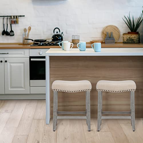 Wo Home Furniture Counter Height Bar Stool 24" Backless Saddle Seat Barstool W Antique Gray Legs (Beige) #TOP1