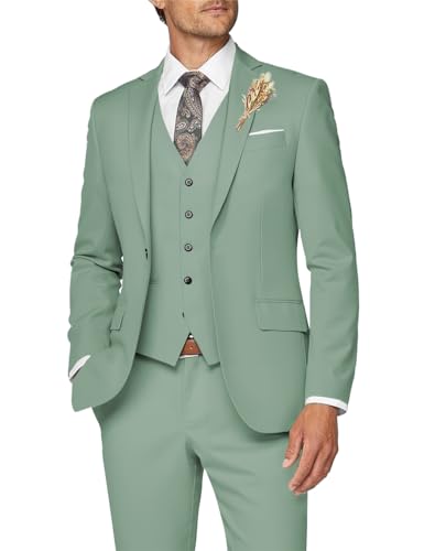 Wangyue Herrenanzug, 3-teilig, schmale Passform, Anzug für Herren, formeller Business-Anzug, Hochzeit, Bräutigam, Abschlussball, Smoking, Dinner-Party, Salbeigrün, L