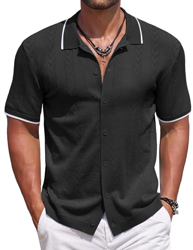 COOFANDY Mens Knit Polo Shirts Button Down Short Sleeve Shirt Summer Casual Beach Vacation Tops