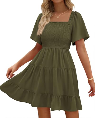 Image of BTFBM Womens Summer Smocked Mini Dress Spring Square Neck Flutter Sleeve Casual Ruffle Swing Boho Beach Dresses Pockets