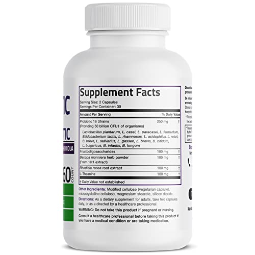 Bronson Brain + Mood Probiotic 50 Billion Cfu Plus Prebiotic With L-Theanine, Bacopa And Rhodiola Non-Gmo, 60 Vegetarian Capsules #TOP1