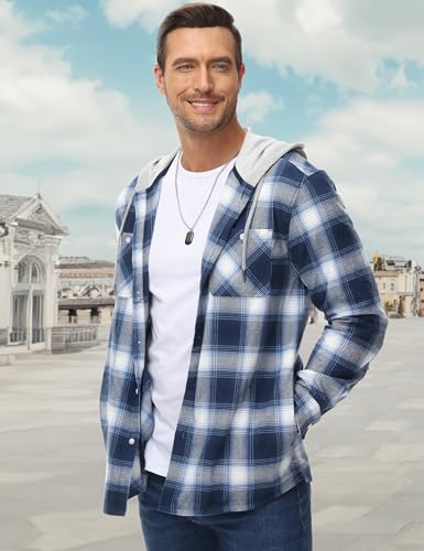 Image of MAGCOMSEN Men's Plaid Hooded Jacket Flannel Shirts Long Sleeve 4 Pockets Casual Button Down Shirts