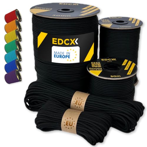 EdcX Paracord 4 mm, 35+ Volltonfarben (10 m, 15 m, 30 m, 50 m, 100 m, 300 m) | Ideal zum Basteln, Camping, Outdoor | 100% Nylonseil 4 mm| Paracord 550 Typ III (Black, 30 m)