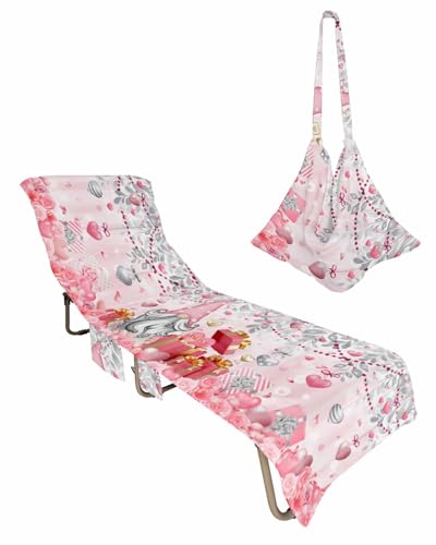 Valentines Day Beach Lounge Chair Towel Cover, Soft Chaise Lounge Towel with Side Pockets Patio Pool Chairs Cover for Beach/Pool Sunbathing 29x85 Pink Gnomes Grey Love Heart Gifts