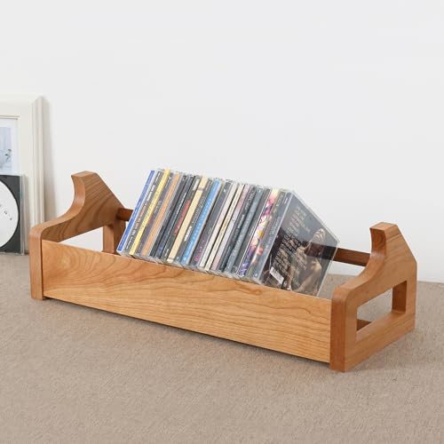 CD Holder Solid Wood Racks 49.2 x 18.8 x 15.6 cm, Desktop CD Jewel Cases Organizer Video Game Disk Display Stand DVD Blu-ray Record Collection Storage Rack(Cherry wood)